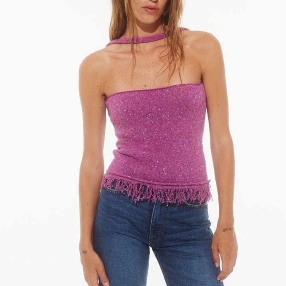 Gimaguas Roden Top Lilac Purple Speckled Knit Fringe Halter Choker Medium f5